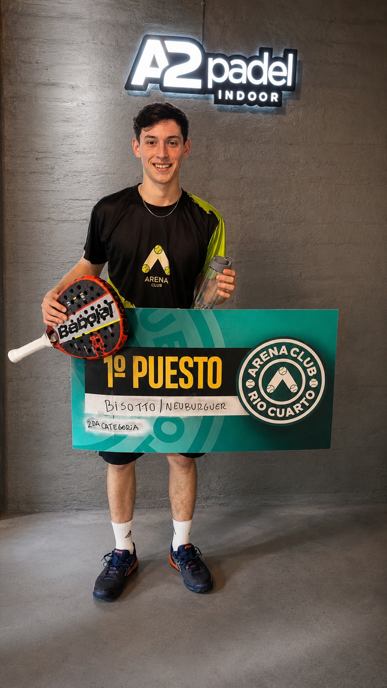 German Neuburger sosteniendo su paleta y el cartel de primer puesto de un torneo en Río Cuarto